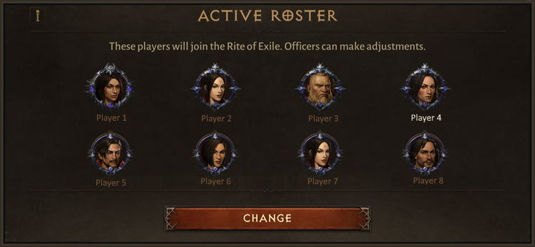 Roster der 8 Mitglieder des Rite of Exile