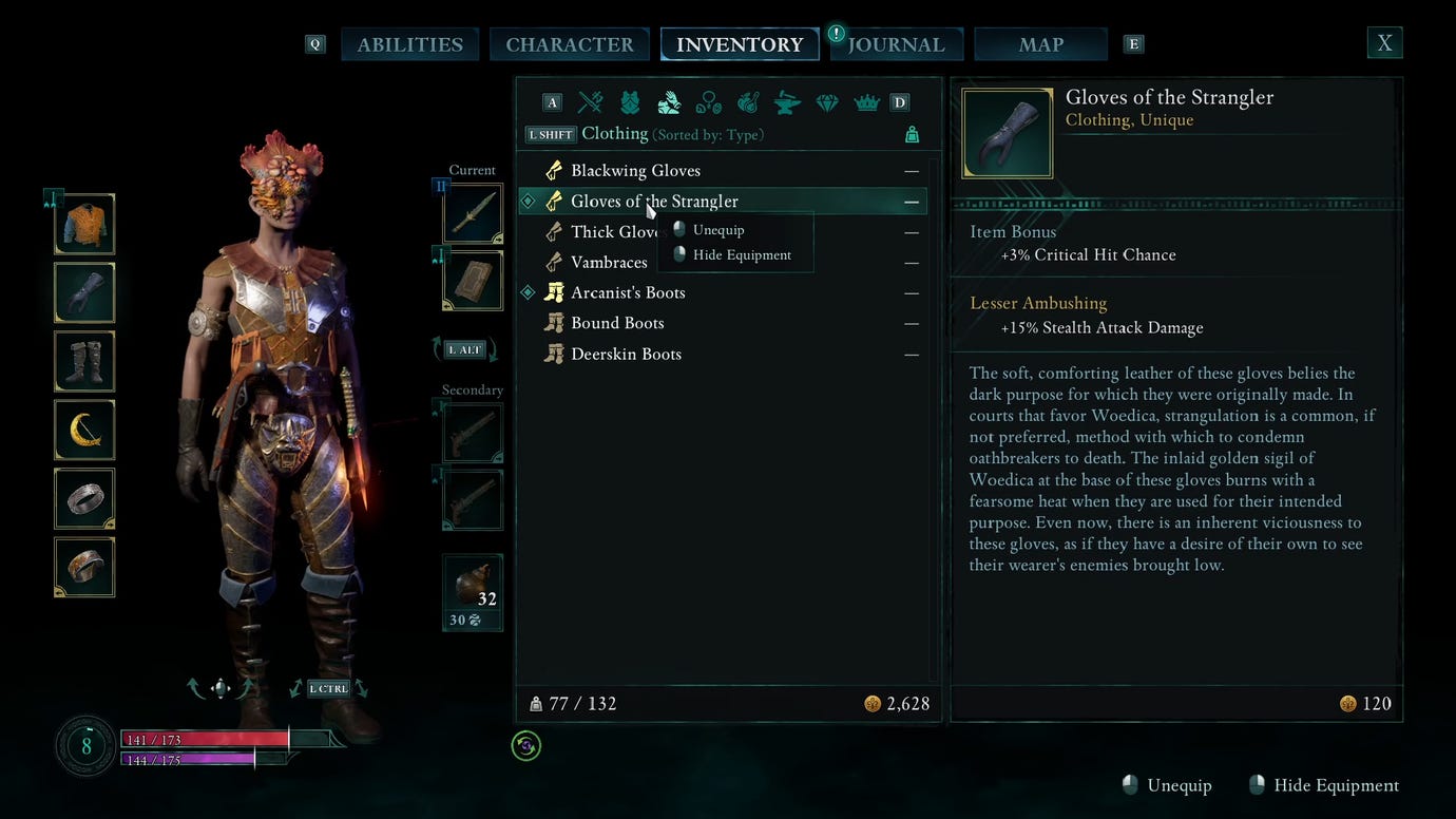 A menu screen showing the Gloves of the Strangler.