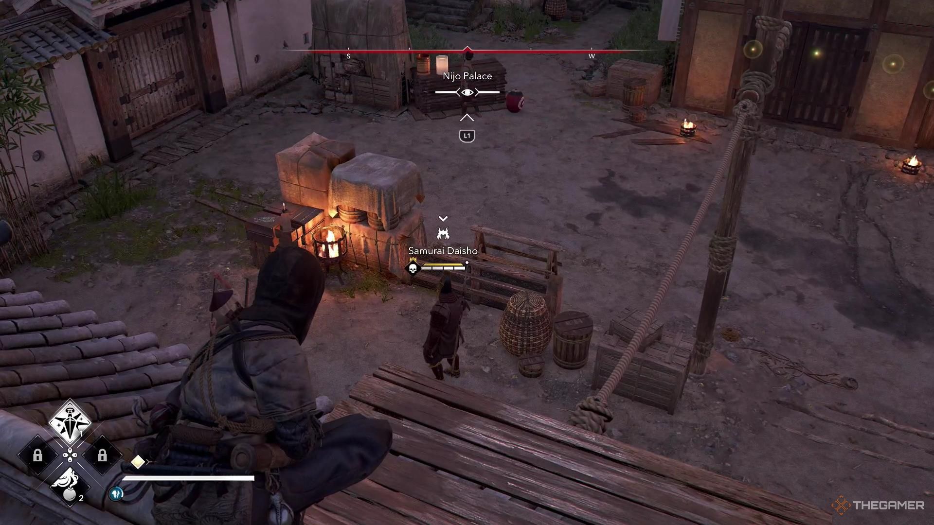 Самурай стоит и разговаривает с охранником в Assassin's Creed Shadows.