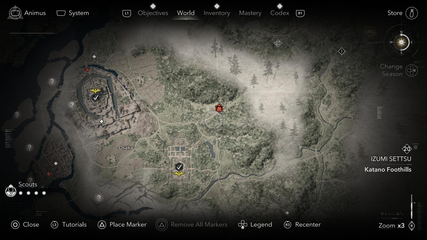 Расположение места для Кудзи-кири в Катящемся доле в Assassin's Creed Shadows.