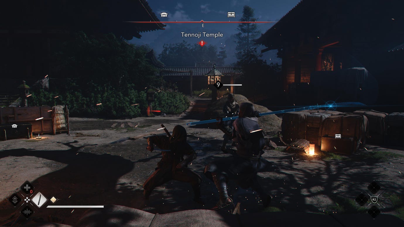 Naoe in Assassin's Creed Shadows deflects a flurry attack from an enemy at night.