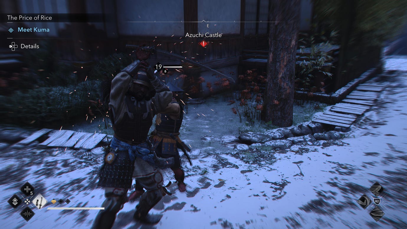 Yasuke in Assassin's Creed Shadows ripostes an attack from an enemy soldier in the snow.