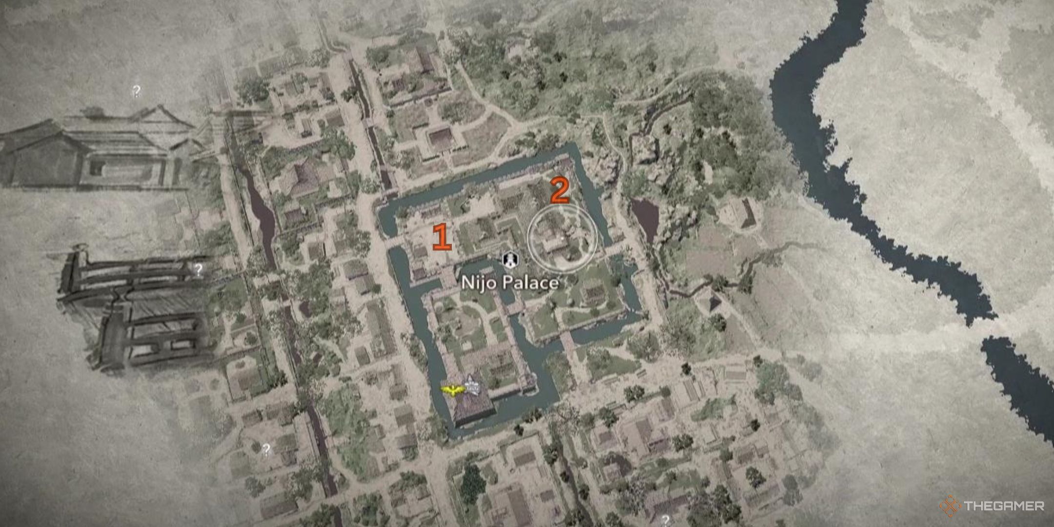 Расположение обоих самураев на карте в замке Нидзё в Assassin's Creed Shadows.