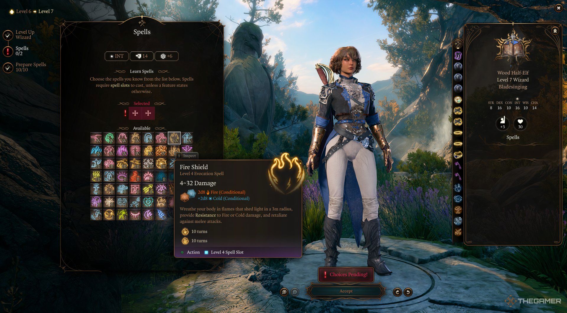 Bladesinging Wizard chooses Fire Shield spell in Baldur's Gate 3.