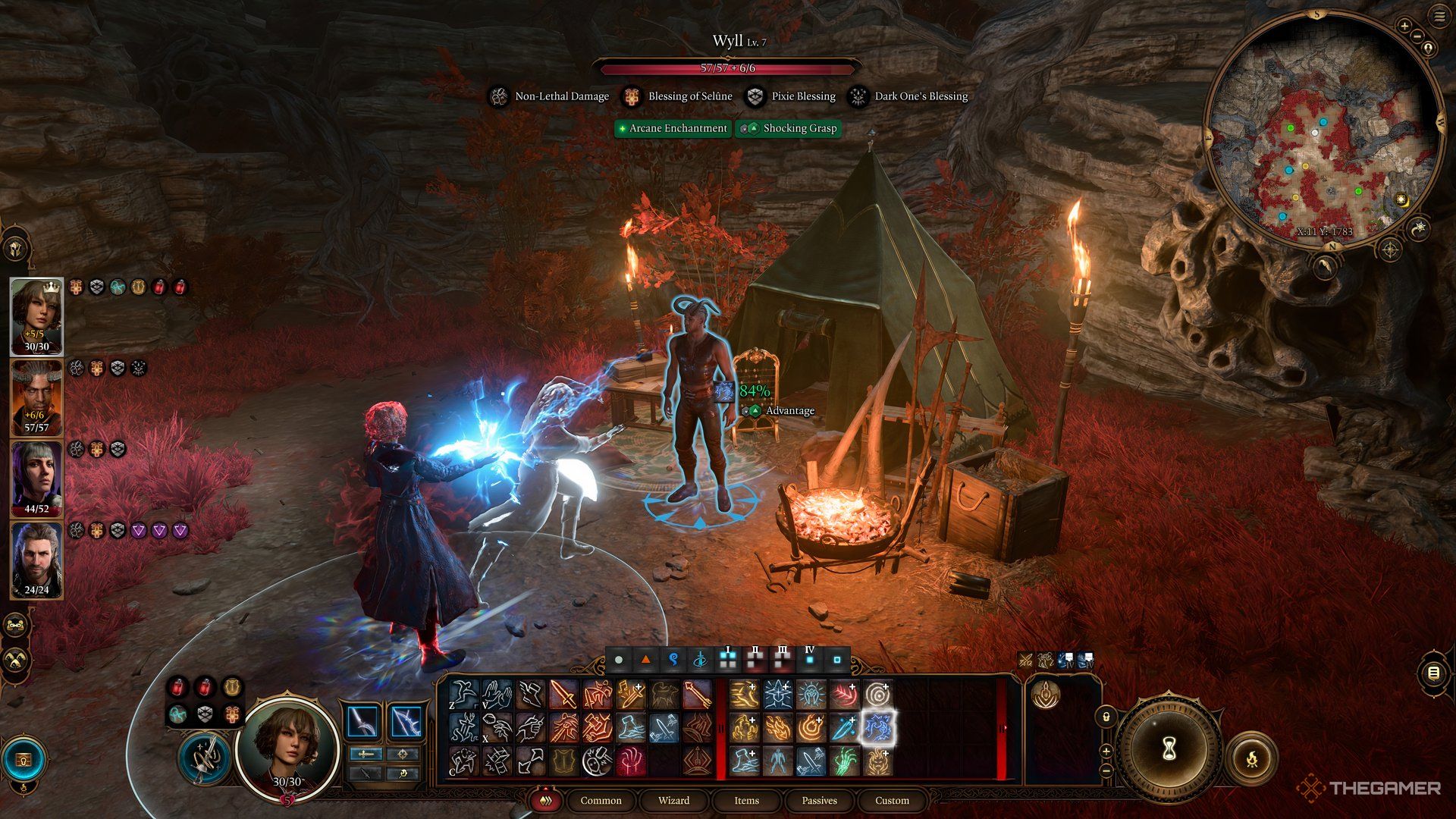 Bladesinging Wizard prepares to use Shocking Grasp on Wyll in Baldur's Gate 3.