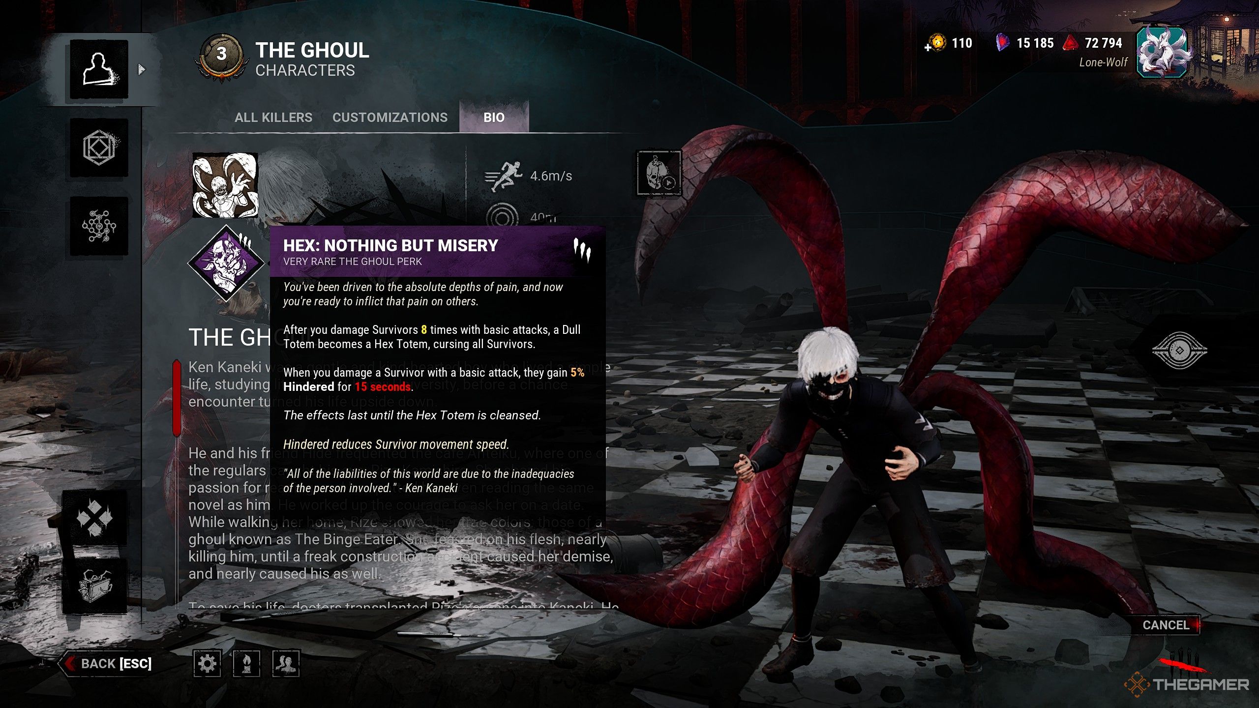 The description of the perk HEX: Nothing But Misery in Dead by Daylight.
