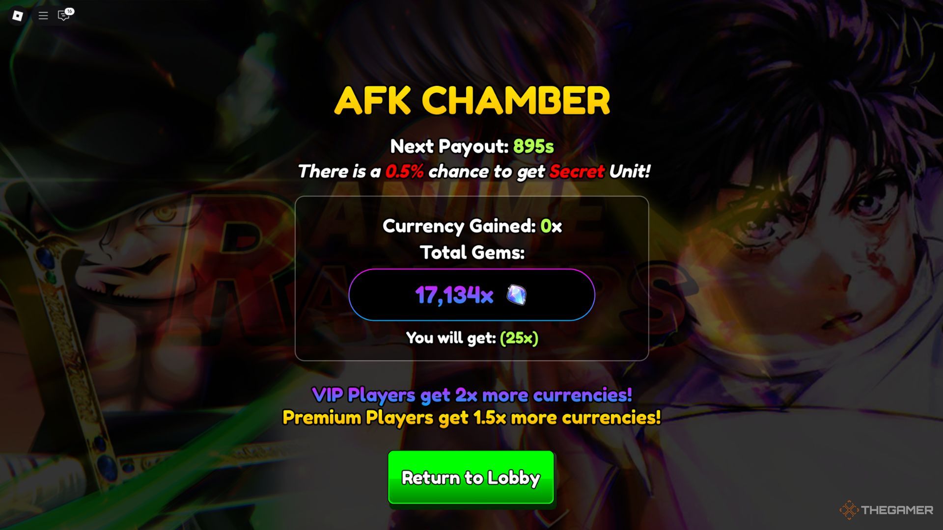 The player character shows the AFK World tab in Anime Rangers X.