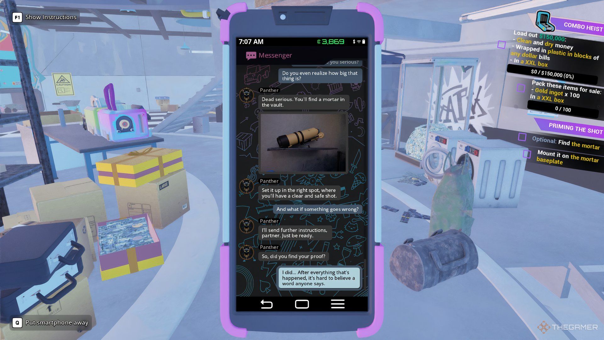 Персонаж игрока читает сообщение от Пантеры о миномете в хранилище в Cash Cleaner Simulator.