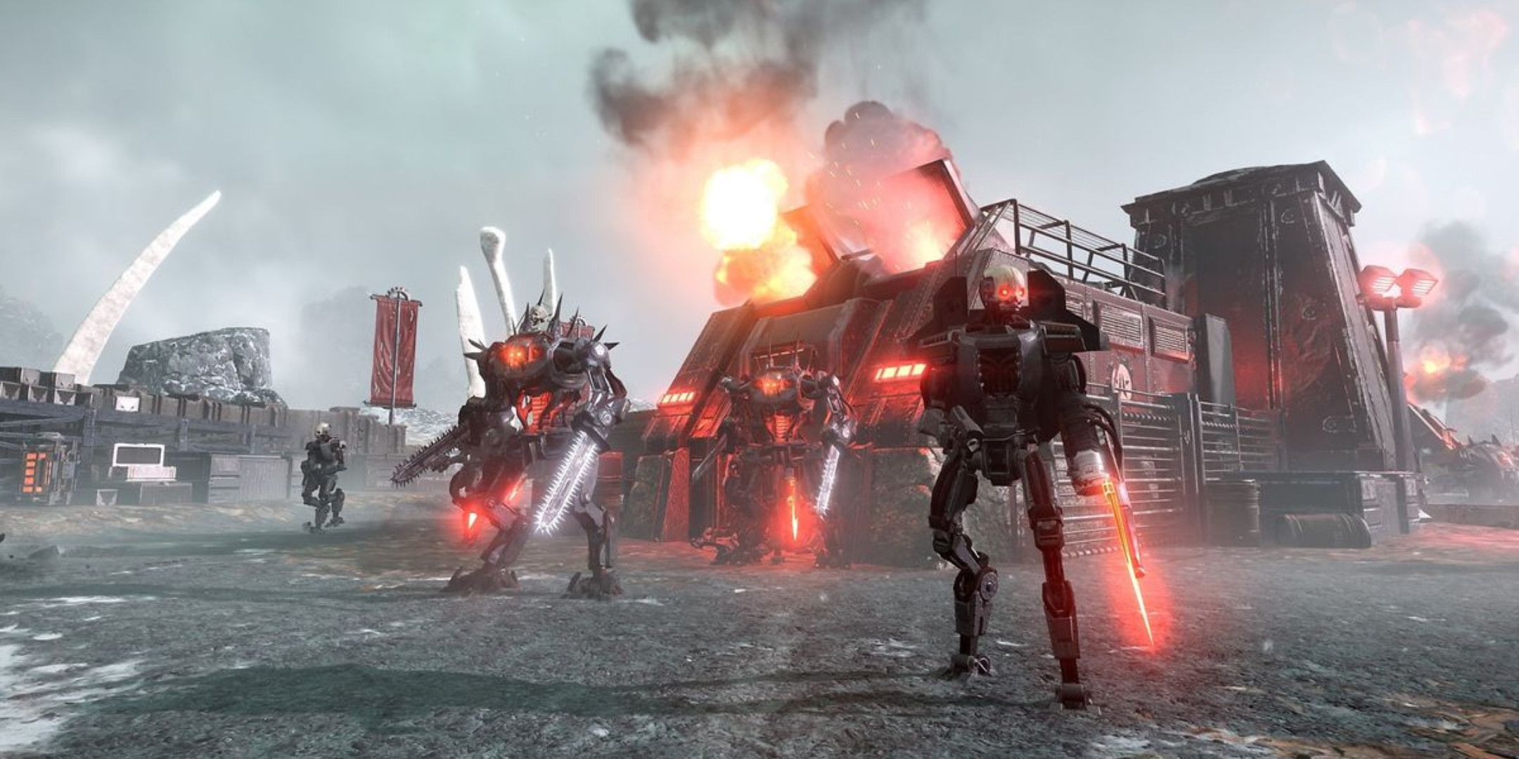 An Automaton factory in Helldivers 2 surrounded by Automaton robots.