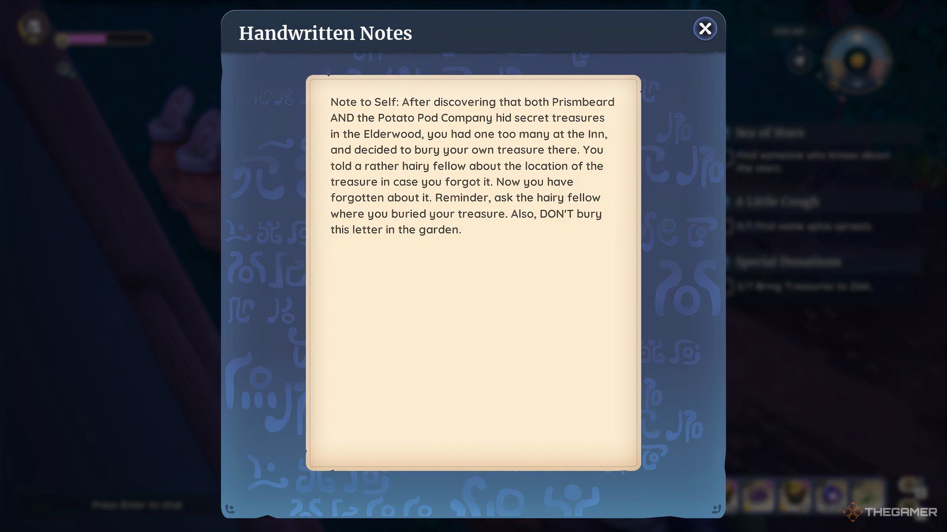 Florian's Note About Hiding Some Treasure In The Elderwood In Palia.