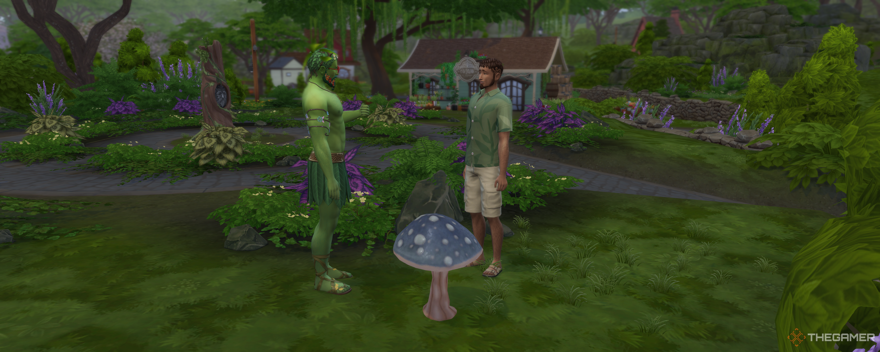 Spruce and a male sim stood by the blue mushroom in the sims 4 enchanted by nature.