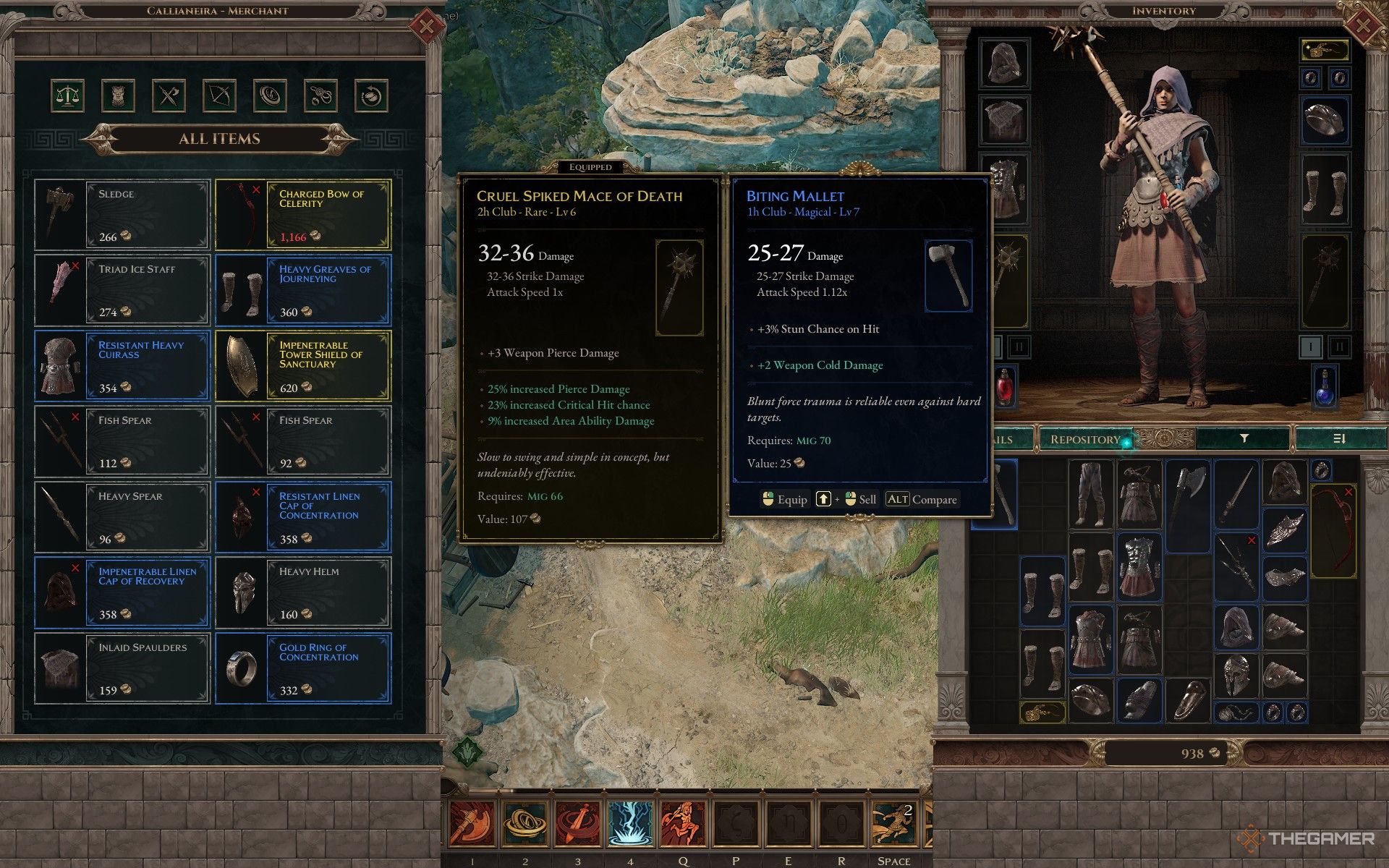 Comparing a blue and gold rarity item at a Trader in Titan Quest 2.