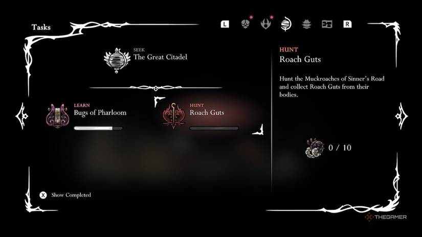 Hornet inspects the Roach Guts quest in her task menu in Hollow Knight: Silksong.