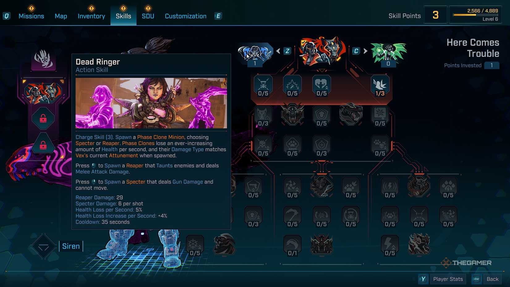 Borderlands®4 Vex skill menu with the Dead Ringer ability at the top.