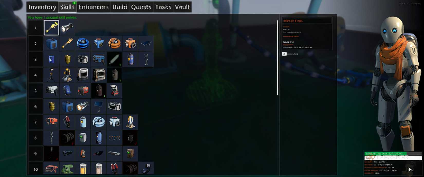 Skill menu open showing recipes in The Last Caretaker.
