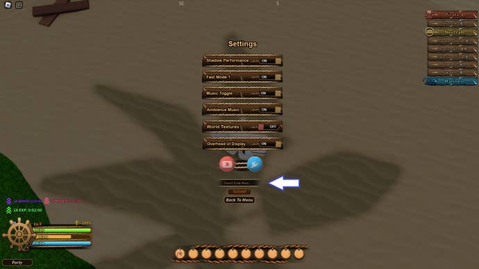 Скриншот Legacy Piece на Roblox, показывающий поле кода игры.