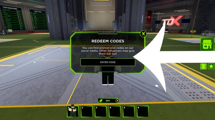 Стрелка, указывающая на меню кодов в игре Roblox Tower Defence X.