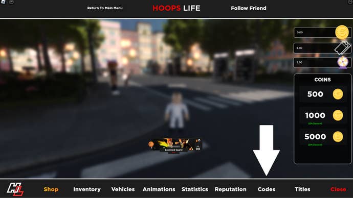 Стрелка, указывающая на кнопку, которую игроки должны нажать, чтобы получить доступ к меню кода в Hoops Life Basketball.