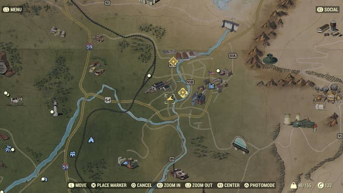 Карта, показывающая расположение части Силовой брони в Моргантауне в Fallout 76.