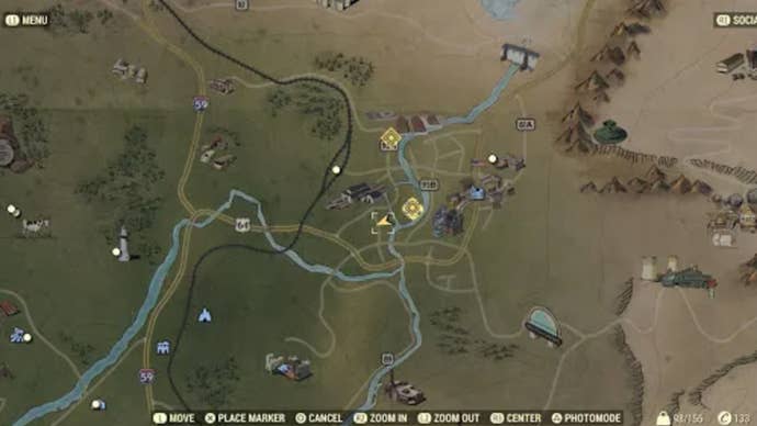 Карта, показывающая расположение части Силовой брони рядом с аэропортом Моргантауна в Fallout 76.