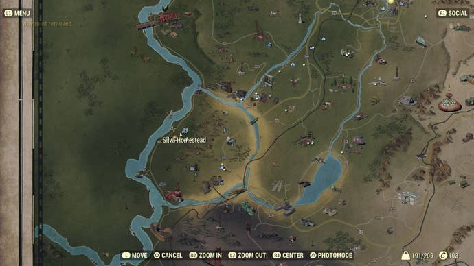 Карта, показывающая расположение Силовой брони в Silva Homestead в Fallout 76.