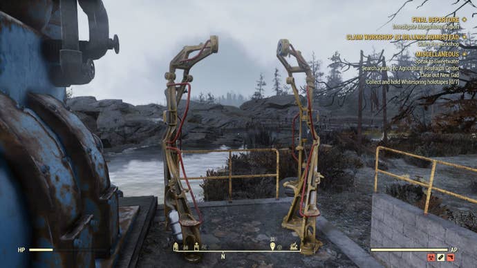The location of the Power Armor at Solomon's Pond in Fallout 76.