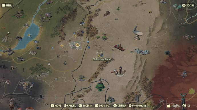 Карта, показывающая местоположение Силовой брони на Solomon's Pond в Fallout 76.