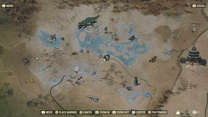 Карта, показывающая местоположение Силовой брони в Кларксбурге в Fallout 76.