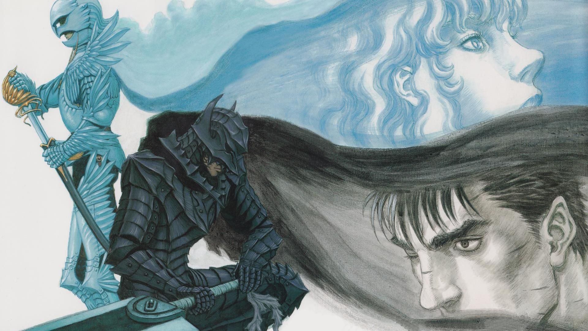 Гриффит (слева/сверху) и Гатс (справа/снизу) в манге Berserk (Image via Dark Horse Comics, Hakusensha)