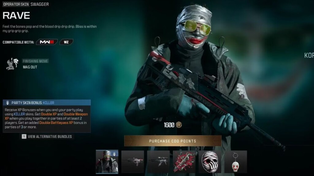 Skin Rave, double xp in Call of Duty's Killer Serial Creep Party Pack