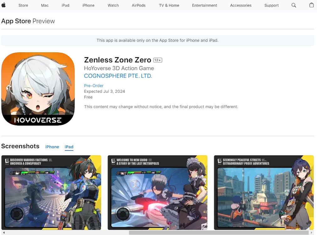 Zenless Zone Zero App Store Preview with Pre-order