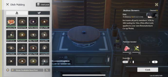 In-Game-Bildschirm mit dem Kochmenü in 