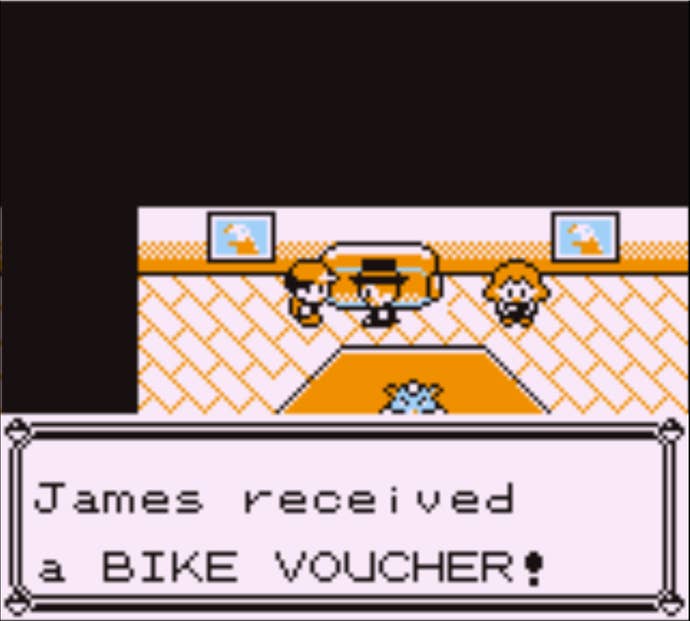 Рэд получает ваучер на велосипед от президента фан-клуба в Pokémon Red.