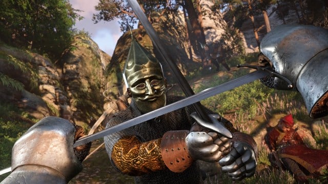 Kingdom Come Deliverance 2 first-person swordfight with masked enemy