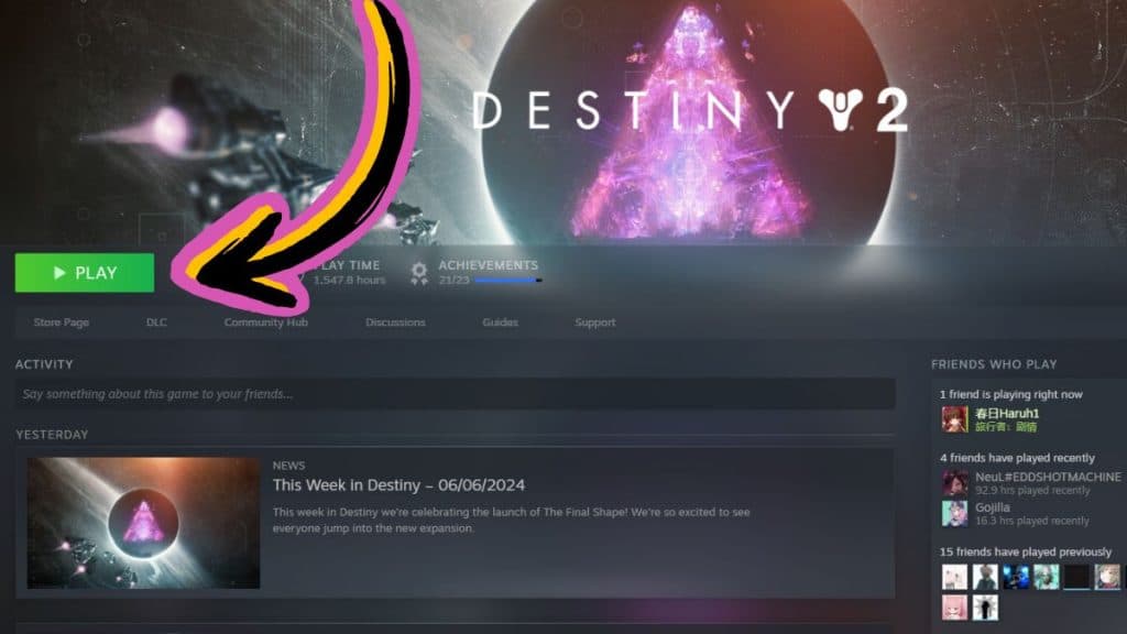 Опция для игры в Destiny 2 в Steam.