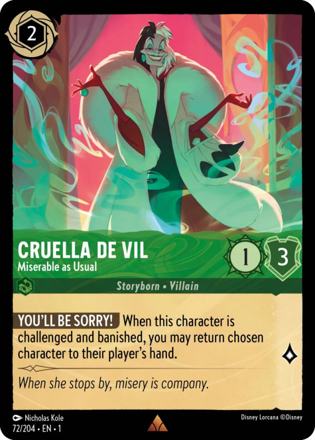 lorcana cruella de vil miserable as usual card