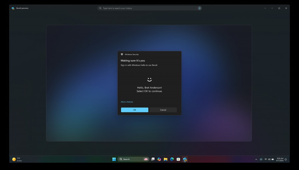 recall using windows hello to authenticate