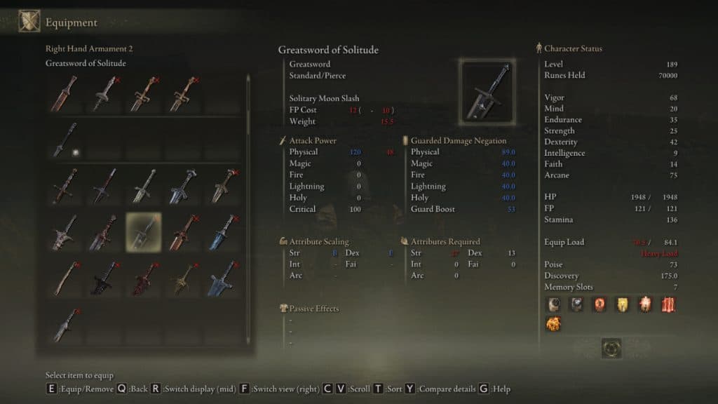 Greatsword of Solitude stats in Elden Ring