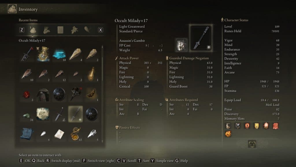 Milady stats in Elden Ring