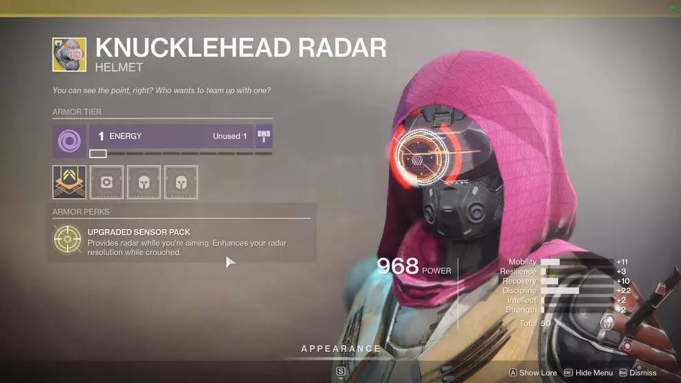 Destiny 2 Exotic Hunter armor Knucklehead Radar