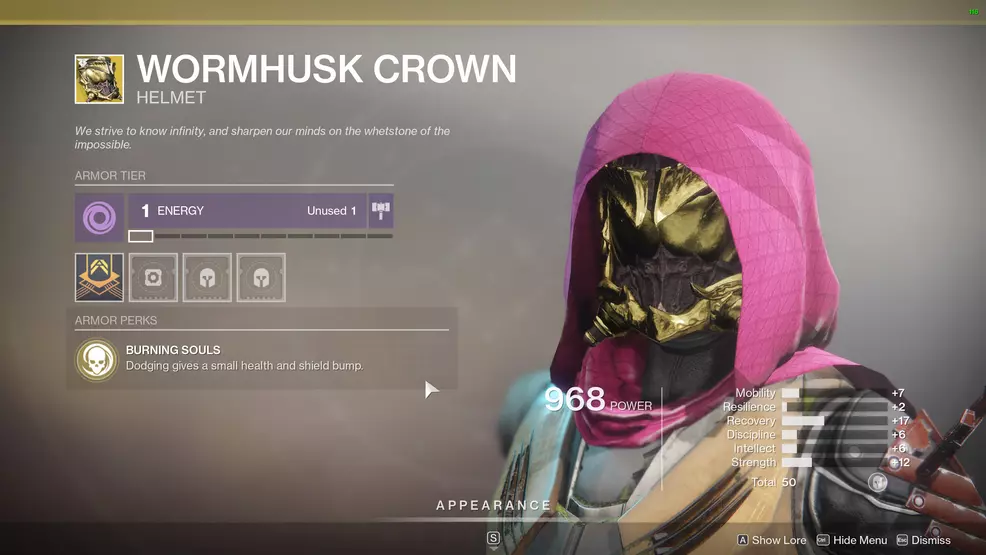 Destiny 2 Exotic Hunter armor Wormhusk Crown