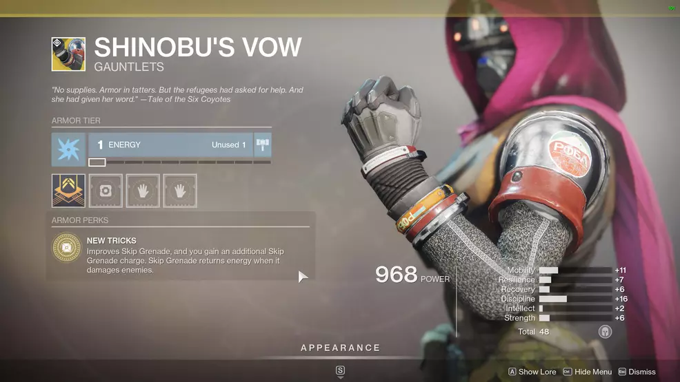 Destiny 2 Exotic Hunter armor Shinobu's Vow