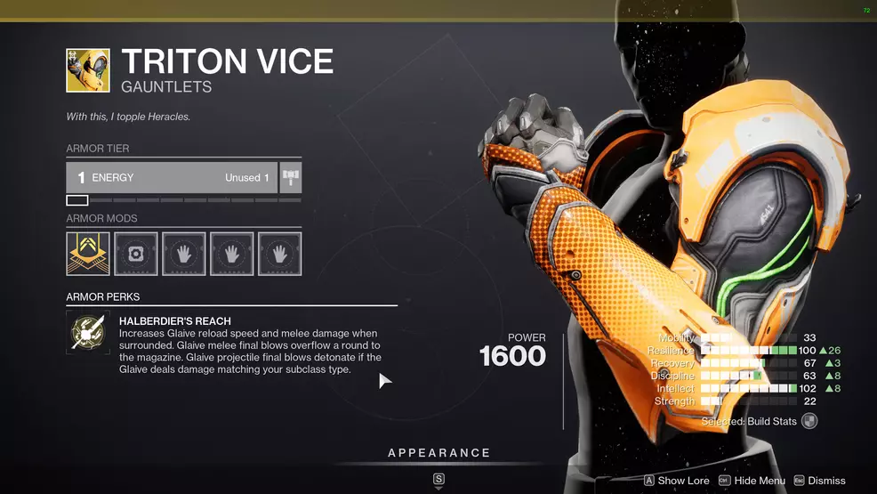 Triton Vice inspected in-game showing perk description