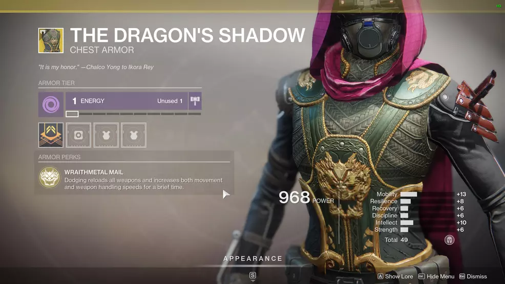 Destiny 2 Exotic Hunter armor The Dragon's Shadow