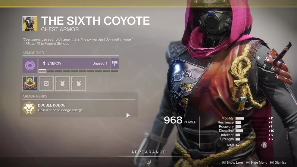 Destiny 2 Exotic Hunter armor The Sixth Coyote