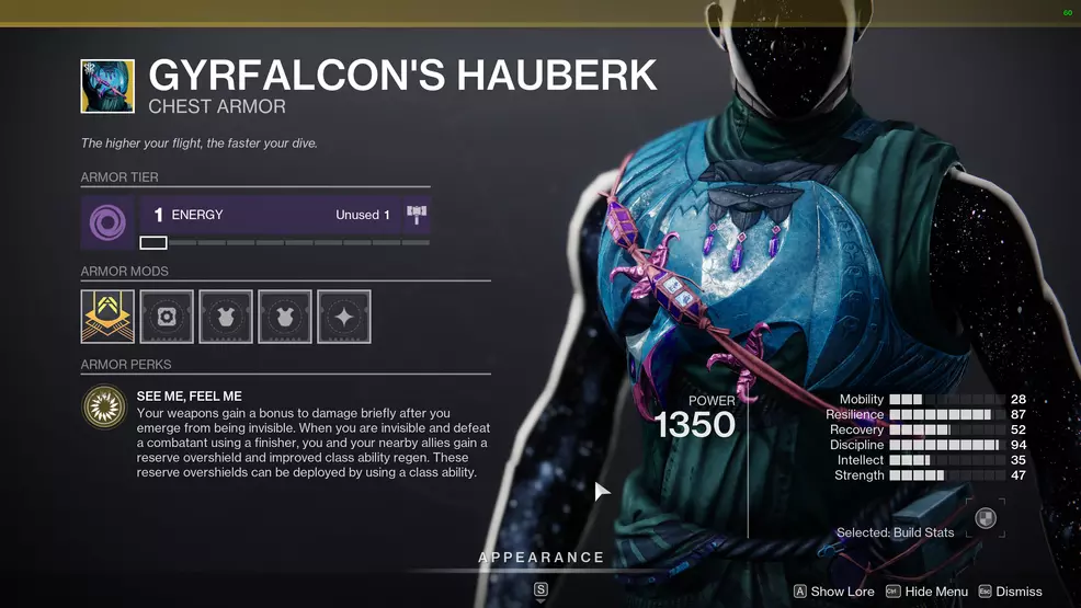 Image shows the Gyrfalcon's Hauberk Exotic chest piece for Hunters in Destiny 2