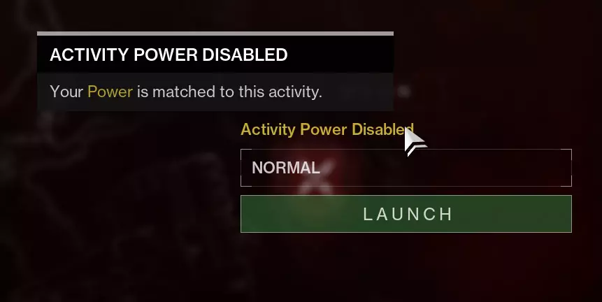 An activity in Destiny 2 showing that the Power has been disabled