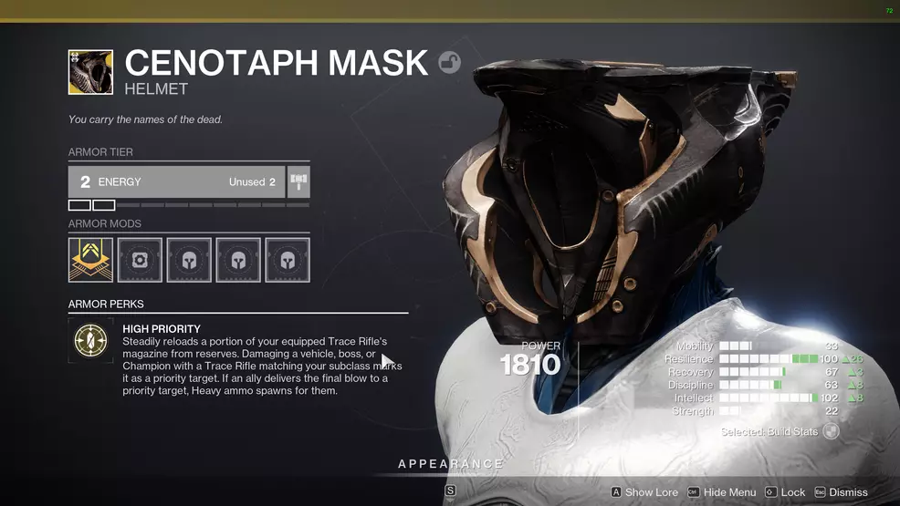 In-game image of Cenotaph Mask showing perk description