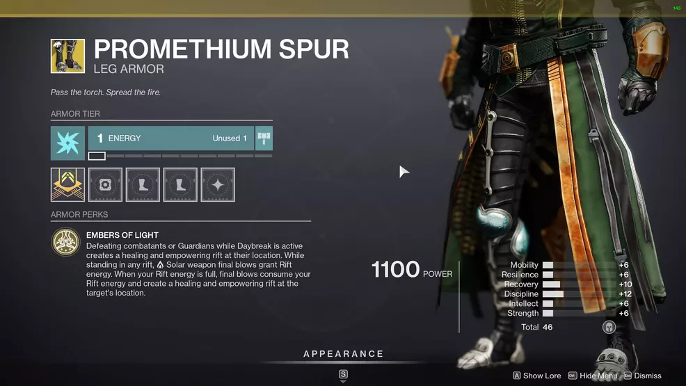 destiny 2 exotic warlock armor promethium spur