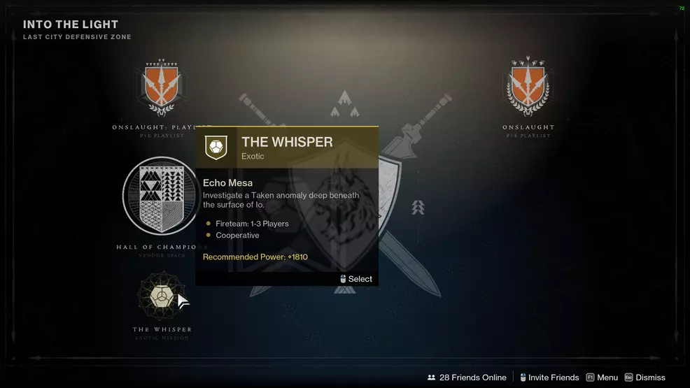 The Whisper Exotic mission node as seen in the Into the Light screen